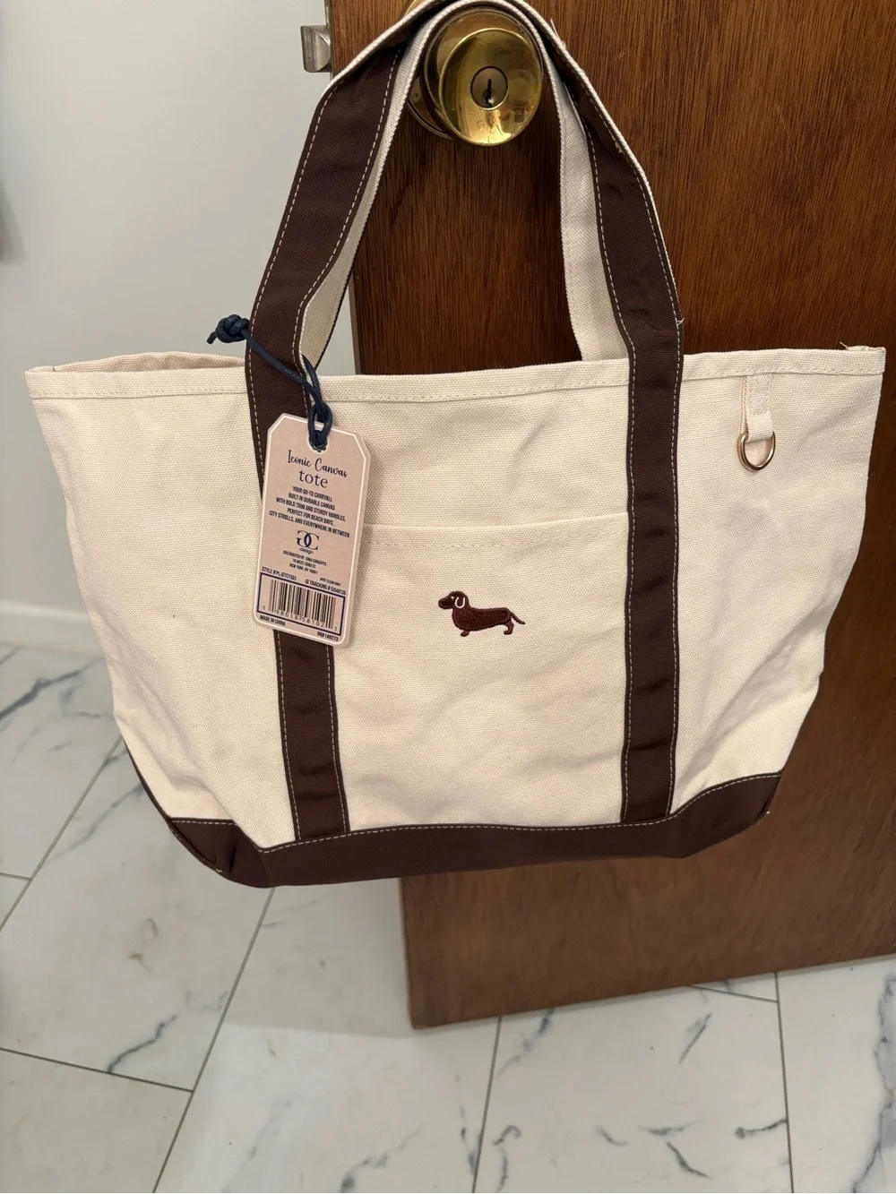 Cream Canvas Tote with Brown Trim and Dachshund Embroidery